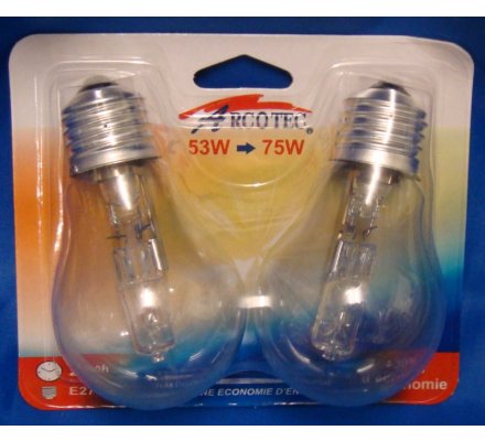 2 ampoules halogènes E27 / 53 W = 75 W