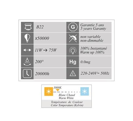 Ampoule LED standard - B22 / 11,1W=75W