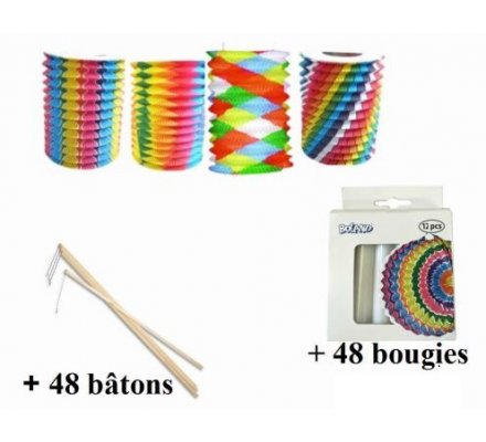 Assortiment de 48 lampions + 48 bougies + 48 bâtons