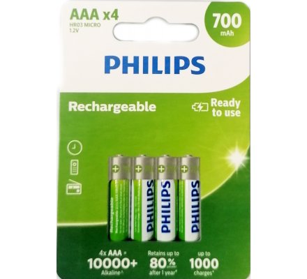 4 Piles Philips LR03 rechargeables 700 mAh