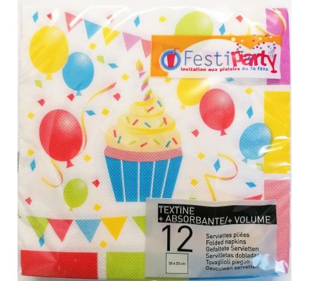 Lot de 12 serviettes en papier ''anniversaire''